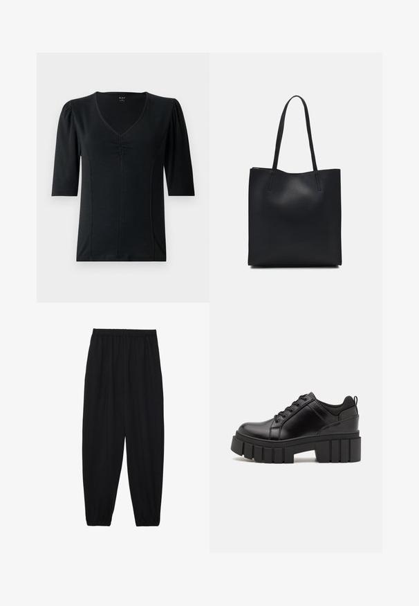 Mustan lühikese varrukaga tipp v-kaelusega, millel on keskosas kogutud detailid ja sile, veniv kangas.; Mustad, kerge kangas püksid elastse vöökoha ja kokku volditud pahkluudega. Kanga pind on sile ja disain on lõdvestunud, kitsenev.; Must musta platvormsussid paksu plokkninal, ümmarguse varbaga ja traditsioonilise nööridega kinnitamisega. Sussid on sileda tekstuuriga ja minimaalsete detailidega.; Mustast nahast kott sujuva tekstuuriga, ristkülikukujuline ja kahe pika sangaga. Pole nähtavat riistvara ega kaunistusi.