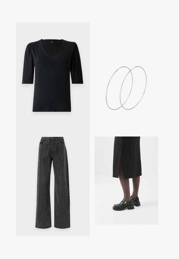 Mustan lühikese varrukaga tipp v-kaelusega, millel on keskosas kogutud detailid ja sile, veniv kangas.; Noisy May NMJANNEL LOOSE - Avar lõikega teksad - black denim; Mustad mustad jalatsid ümmarguse varbaga, paksu plokkniidi ja elastsete külgdetailidega, kombineeritud tumedate sukkade ja musta lõhikuga seelikuga.; Hõbedased rõngastikkaehingad minimalistlikus disainis. Ümar kuju, sile tekstuur ja õhuke profiil. Kerged ning poleeritud viimistlusega.