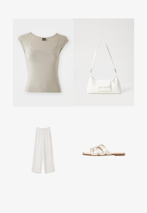 Kratka majica s kratkimi rokavi, oprijetega kroja v svetlo bež barvi, izdelana iz gladke mešanice bombaža. Ima kvadratni izrez in subtilne detajle šivanja.; Bele široke hlače iz lahkega materiala. Imajo elastičen pas s vrvico in stranske žepe. Gladka tekstura.; Ravne sandale s svetlo rjavim gumijastim podplatom, zasnovane s tremi prekrivajočimi se belimi usnjenimi trakovi in majhnim lokom na sredini.; Bela sintetična torbica v obliki trikotnika, z ravnim sprednjim poklopcem in detajlom mašne, nastavljivim trakom, gladko teksturo in minimalističnim dizajnom.
