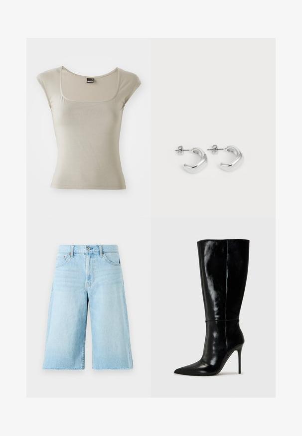 Krótki rękaw, dopasowany top w jasnym beżu, wykonany z gładkiej bawełny. Posiada kwadratowy dekolt i subtelne detale w szwach.; Jasnoniebieskie dżinsowe szorty o luźnym kroju, strzępiony dół, pięć kieszeni i metalowe okucia. Klasyczny design dżinsów z delikatnym postarzeniem.; Czarne skórzane wysokie buty za kolano z ostro zakończonym noskiem i wysokim obcasem w kształcie szpilki. Gładka tekstura i smukły design, z minimalnymi detalami.; Srebrne kolczyki w kształcie obręczy z gładkim, wypolerowanym wykończeniem. Okrągły kształt z lekko zakrzywionym wzornictwem i zaokrąglonymi krawędziami. Zapięcie na szpilkę.