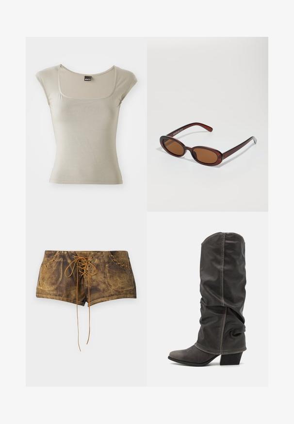 Trumpas rankovės, prigludęs viršus šviesiai smėlio spalvos, pagamintas iš lygaus medvilnės mišinio. Pasižymi kvadratinio iškirpimo ir subtiliu siuvinėjimo dekoru.; Rudos užtrauktuvais šortai su tekstūruota paviršiumi ir kontrastingomis smėlio spalvos šniūromis. turi perforacijas ir prigludusį dizainą, kuris suteikia glaustą išvaizdą.; Pilki odiniai batas iki blauzdų, su laisvu dizainu, smailiu pirštu ir pastatytu kulnu. Išskirtiniai siuvimo detalės ant pirštų srities.; APvalūs, rudos spalvos saulės akiniai su blizgia burgundinės spalvos rėmeliu. Plonos šakutės su subtiliu ženklinimu. Lygus objektyvo dizainas.; Gyvatės rašto rankinė su kreiviu rankenėle. Pagaminta iš tekstūruotų smėlio ir rudos spalvos medžiagų, su išskirtiniu rombo raštu.