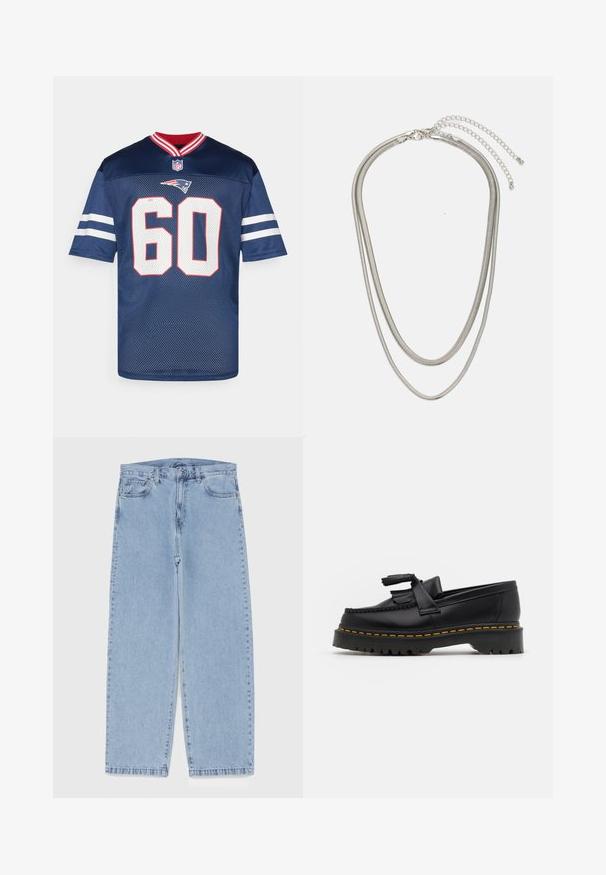 Tamsiai mėlyna futbolo marškinė su tinklinės tekstūros, raudonais ir baltais akcentais, V formos apykakle ir dideliu baltu skaičiumi "60" priekyje. NFL logotipas rodomas.; Šviesiai mėlyni džinsai su tiesiomis kojomis, turintys vidutinio aukščio juosmenį, penkias kišenes ir mygtuko bei užtrauktuko uždarymą.; Juodas odinis loaferis su kutais, turintis masyvų juodą pado ir geltonus siūlus palei kraštą. Textūruota danga.; Trijų sluoksnių sidabrinė metalinė apyrankė, kuri pasižymi stilingomis, lankstosiomis grandinėlėmis su švelniu blizgesiu, užsegama krabų užsegimu ir reguliuojama grandinė.