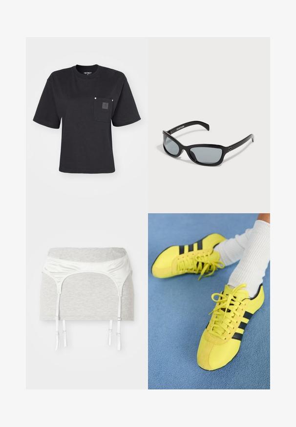 Schwarzes Baumwoll-T-Shirt mit kurzen Ärmeln, Rundhalsausschnitt und einer Brusttasche mit einem Patch-Logo. Minimalistisches Design mit lässiger Passform.; Graues Baumwollstoffkleidungsstück mit einem satinweißen Taillenbund und vier verstellbaren Bändern für den Strumpfhalter. Glatte Textur, figurbetontes Design.; Helle gelbe Sportschuhe mit schwarzen Streifen und Schnürsenkeln; besitzen ein strukturiertes Obermaterial und Wildlederakzente. Getragen mit weißen gerippten Socken.; Schwarze Sonnenbrille mit einem eleganten, kantigen Design. Verfügt über graue Gläser und glänzende Kunststoffrahmen. Enthält kleine Metallakzente und Branding am Bügel.; Schwarze Lederhandtasche mit zwei kurzen Griffen, silbernem Zubehör, weißen Akzenten und einem weißen Logo. Verfügt über eine strukturierte Oberfläche und ein kompaktes Design.