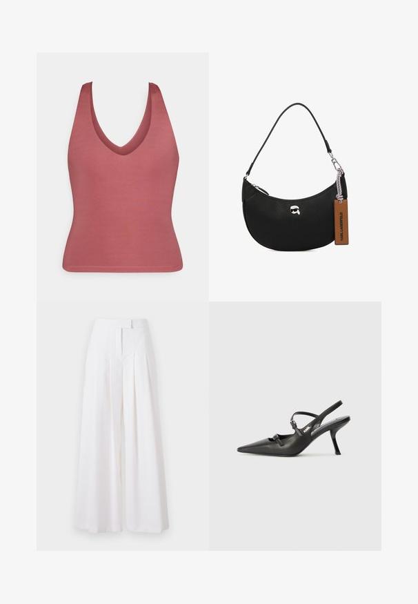 V-kaelusega sansvarrukatega topp tuhm roosast värvist, valmistatud siledast kangast. Keha lähedane disain, lihtne ja õmblusteta serv ning ilma lisakaunistusteta.; Valged laiad püksid voldikutega, valminud siledast kangast. Omavad kõrget pihaosa ja vormitud lõiget, et saavutada struktureeritud välimus.; Must musta slingback kontsad, terava nina, peenike konts ja dekoratiivne pandla detail peal. Sile tekstuur ja stiilne disain.; Musta nahk kott, millel on krobeline tekstuur, kõver kuju, ülemine tõmblukk, hõbedased detailid ja pruun silt. Omab logo aksenti.