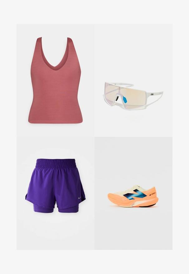 V-veida bez piedurknēm topiņš bēšā krāsā, izgatavots no gludas auduma. Pieguļošs dizains ar vienkāršu, bezšuvju apakšmalu un bez papildu rotājumiem.; Violet dubultās slāņa skriešanas šorti ar elastīgu jostu un mazu sudraba Nike zīmi apakšējā kreisajā malā.; Skriešanas apavi ar vieglu krēmkrāsas augšdaļu, zilu zīmolu un oranžiem akcents uz zoles. Acu tekstūra gaisa caurlaidībai.; Balti rāmji saulesbrilles ar lieliem, gradienta lēcu toņiem, kas no rozā pakāpeniski pāriet gaisā oranžā krāsā, akcentētas ar zilu deguna daļu un logo detaļu.