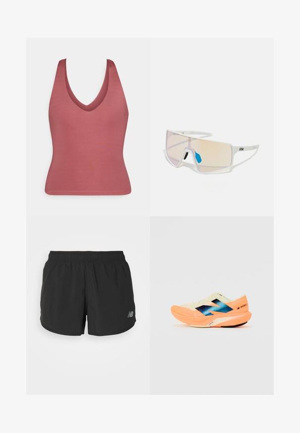 V-kaelusega sansvarrukatega topp tuhm roosast värvist, valmistatud siledast kangast. Keha lähedane disain, lihtne ja õmblusteta serv ning ilma lisakaunistusteta.; Mustad mustrikad lühikesed püksid, elastse vöökohtaga, valmistatud kergetest kangast. Madalal paremal küljel on väike hall logo.; Kergjalats kergest kreemjas ülemisest osast, sinise brändingu ja oranžide aktsentidega taldadel. Võrgumaterjal tagab hingavuse.; Valged raamidega päikeseprillid, millel on suured gradiendiklaasid roosa kuni heleda oranži tooniga, mida rõhutab sinine ninatükk ja logo detail.