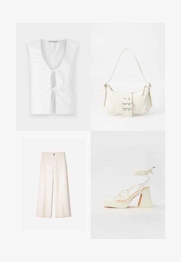 Biely top bez rukávov s hlbokým výstrihom do V a detailom na prednej strane so zaväzovaním. Vyrobený z hladkej tkaniny s definovaným, úzkym strihom.; Krémové široké nohavice s nohavicami na mieru, s dvoma prednými vreckami a jedným predným zapínaním na gombík, vyrobené z hladkej tkaniny.; Biele sandále na vysokom opätku s hrubým podpätkom, s pruhovaným dizajnom a viazaním na členku. Hladký povrch s platformou vpredu pre zvýšenú výšku.; Biela taška cez rameno s textúrovaným povrchom, centrálnou prackou a zakriveným tvarom. Zipsy na oboch stranách.
