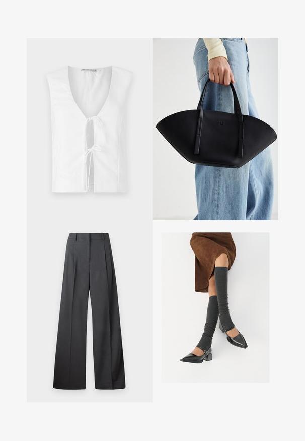 Bílý bezrukávový top s hlubokým V-výstřihem a předním vázáním. Vyroben z hladké látky s pevným, úzkým střihem.; Široké kalhoty z tmavě šedé látky, s vysokým pasem, jedním skladem a hladkou texturou s čistým zakončením na lemech.; Černé lakované boty s špičatou špičkou, blokovým podpatkem a kotníkovým páskem, spárované s šedými žebrovanými návleky na nohy a hnědskou sukní z semiše.; Černá kožená kabelka s jedinečným tvarováním ve tvaru vějíře, vybavená plochými uchy. Povrch má jemně zrnitou texturu a minimalistický design.