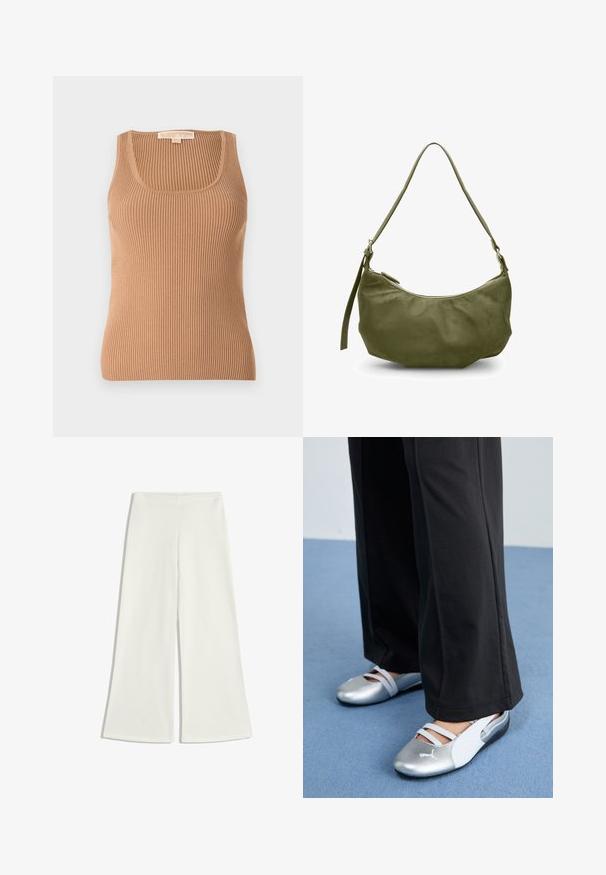 Rebrasta majica bez rukava u svijetlosmeđoj boji, sa okruglim izrezom i uskim krojem. Tkanina ima mekanu teksturu s vertikalnim prugama.; Bijele hlače širokih nogavica napravljene od glatkog materijala. Imaju visoki struk i nevidljive šavove, stvarajući čistu siluetu.; Srebrne i bijele ravne cipele s preklopnim trakama i teksturiranim detaljima, u kombinaciji s širokim crnim hlačama. Postavljene na plavu podlogu.; Maslinasto zelena kožna torba preko ramena s zakrivljenim oblikom, zatvaranjem na zip i podesivim remenom. Glatka tekstura s minimalnim metalnim detaljima.