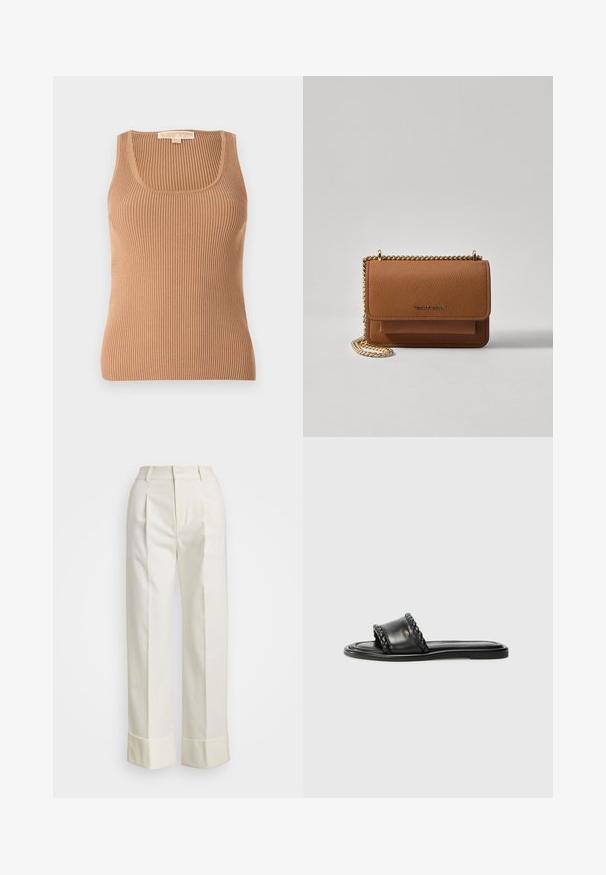 Rífnutý tielko v svetlohnedej farbe, s okrúhlym výstrihom a priliehavým strihom. Materiál má jemnú textúru s vertikálnymi prúžkami.; Biele sako nohavice s vysokým pásom, dvojitými prednými záhybmi a širokými nohavicami s prehnutými manžetami. Vyrobené z hladkej, textúrovanej látky.; Čierne kožené sandále s tkaným remienkom, plochou podrážkou a elegantným dizajnom. Hladký povrch a minimalistický profil.; Hnedá textúrovaná kožená taška cez telo s zlatým reťazovým popruhom a preklopným uzáverom. Predná strana obsahuje detail s logom a vrecko pod preklopkou.