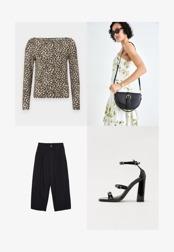 Langärmliges Leopardenmusterhemd in Beige, Schwarz und Braun. Weicher Stoff mit rundem Halsausschnitt und lässiger Passform.; Schwarze Polyester-Culotte mit einem elastischen Bund, zwei vorderen Falten und einer lockeren Silhouette. Keine sichtbaren Muster oder Hardware-Details.; Schwarze patentierte Sandalen mit Absatz, quadratischer Spitze, Knöchelriemen und silbernen Schnallen. Mit einem stabilen Blockabsatz für mehr Stabilität.; Schwarze Lederhandtasche mit geschwungener Form, abnehmbarem Tragegurt und goldenen Beschlägen. Die Tasche verfügt über einen Deckel mit einer Schnallen-Details.