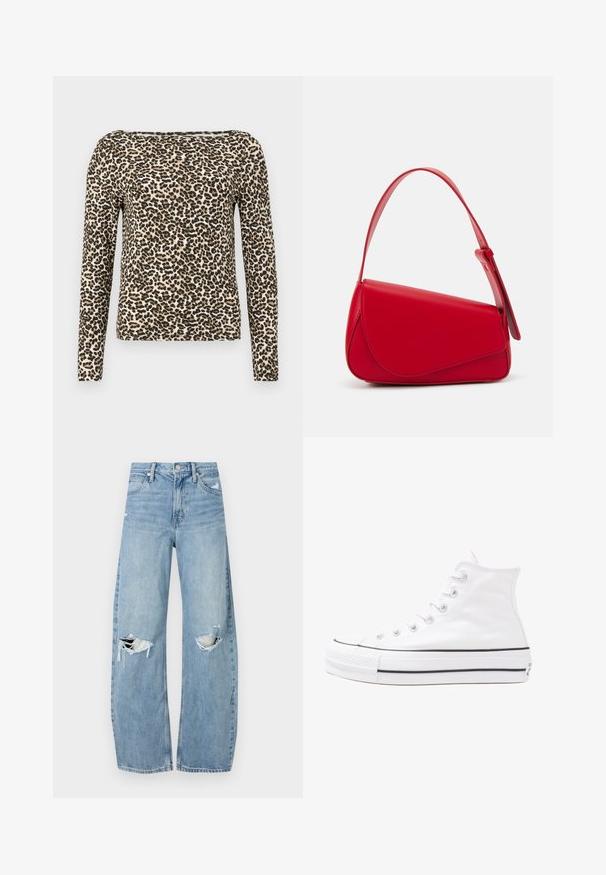 Camisa de manga longa com padrão de leopardo nas cores bege, preto e castanho. Tecido suave com decote redondo e um corte descontraído.; Jeans de lavagem clara, de cintura alta, feitos de denim. Apresentam pernas largas, duas áreas rasgadas nos joelhos e o estilo clássico de cinco bolsos.; Sapatilha alta de tela branca com sola de borracha preta, bico de borracha na frente e seis ilhós para os atacadores, apresentando um design limpo e minimalista.; Bolsa de mão em couro vermelho com um design angular e geométrico. Apresenta uma única alça ajustável e um fecho com aba, com detalhes cosidos.