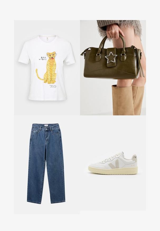 Balta kokvilnas T-kreklu ar dzeltenu leopardu grafiku ar brillēm, tekstu "SLIKTĀS VIBRĀCIJAS" un "NEEJ AR MANU LIPSTIKU" melnā fontā.; Klasiskie zili džinsi ar taisnu kāju dizainu, pieciem kabatām un pogu aizdari. Iezīmējas ar vidēju mazgāšanu un izturīgu tekstūru.; Baltas ādas sporta apavu pāris ar bēšiem zamša akcentiem, caurumiņu purngalā, plakanu šņorēšanu un teksturētu krēmkrāsas zoli. Iezīmējas ar diskrētu zīmolu uz papēža.; Olive zaļš mākslīgās ādas rokassomu ar sudraba zvaigznes akcentu, divām rokturiem un rāvējslēdzēja aizdari. Strukturēta forma un teksturēta virsma.