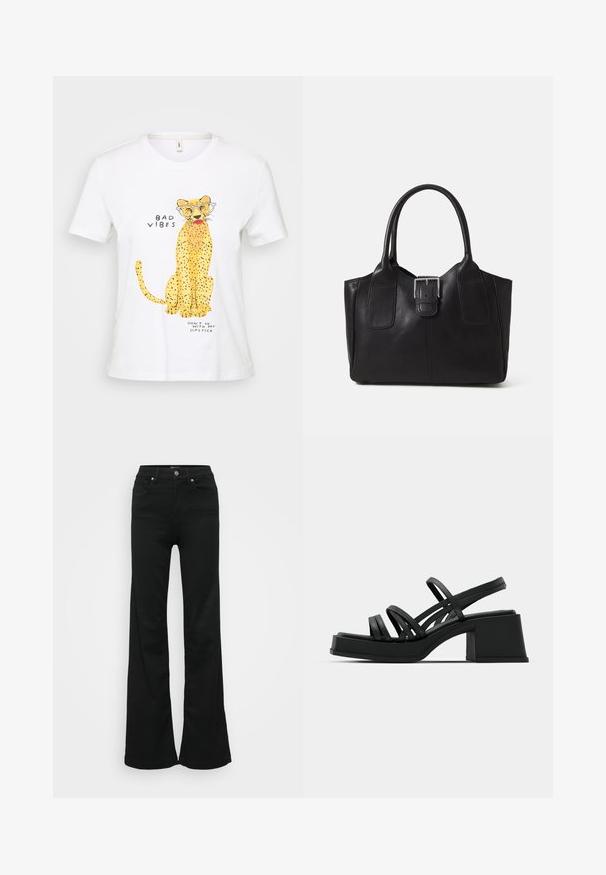 Tricou alb din bumbac, cu un grafic galben de leopard purtând ochelari, textul "BAD VIBES" și "DON'T GO WITH MY LIPSTICK" în font negru.; Jeans negri evazați din denim, cu talie înaltă, cinci buzunare și închidere cu nasture metalic. Textură netedă, cu detalii minime.; Sandale negre cu toc, dotate cu multiple curele subțiri și un toc bloc lat. Design elegant cu o textură mată. Tălpica are o ușoară curbă.; Geantă tote din piele neagră cu textură netedă, formă structurată, două mânere și un detaliu proeminent din aliaj de argint pe partea din față.