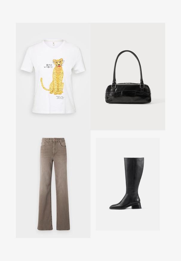 Weißes Baumwoll-T-Shirt mit einem gelben Leoparden-Graphic mit Brille, Text "SCHLECHTE VIBES" und "Geh nicht mit meinem Lippenstift" in schwarzer Schrift.; Braune hoch taillierte Straight-Leg-Jeans mit vorderem Knopf, Gürtelschlaufen und klassischem Fünf-Taschen-Design auf weißem Hintergrund.; Schwarze Lederstiefel bis zur Knee mit abgerundeter Spitze und niedrigem Blockabsatz. Verfügt über eine glatte Oberfläche und minimale Nahtdetails.; Schwarze Lederhandtasche in rechteckiger Form, mit einem stabilen Griff, silbernem Zubehör und Reißverschluss. Glatte Textur.