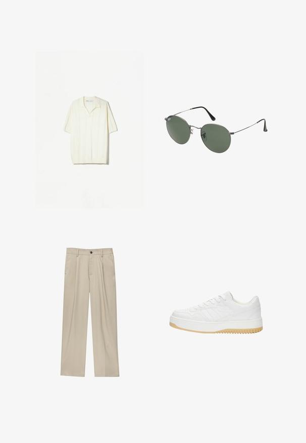Krátky rukáv pulóver z krémovej pleteniny s vertikálnymi pruhmi, uvoľneným golierom a rebrovaným spodným lemom pre textúru.; Béžové nohavice s rovný strihom, s jedným čiernym gombíkom, pútkami na opasok a bočnými vreckami. Hladká textúra látky a minimálny dizajn.; Biele kožené tenisky s textúrovaným povrchom, s gumovou podrážkou, šnurovacími detailami a subtilnými pruhmi na stranách.; Sunglass s metalovým rámom s oválnymi zelenými šošovkami. Tenký strieborný kovový rám a čierne štuple za uši. Minimalistický dizajn, bez viditeľných log.