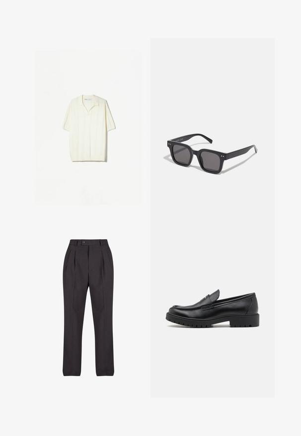 Short-sleeve pullover in cream-colored knit with vertical stripes, a relaxed collar, and ribbed hem detailing for texture.; Black tailored trousers made of smooth fabric, featuring front pleats, a single button closure, and straight legs with no visible patterns.; Black leather loafers with a rounded toe, slip-on design, and thick rubber sole featuring a textured grip. Elevated heel and subtle stitching details.; Black rectangular sunglasses with dark lenses, featuring a thick frame, subtle accents on the sides, and no visible logos beyond the brand name.; Casio quartz wristwatch with a black face, silver stainless steel band, large white and red numerals, and a water-resistant feature up to 200m.; Silver metal cuff bracelet with a smooth, matte finish. Features an open design with rounded edges, allowing for adjustable sizing.