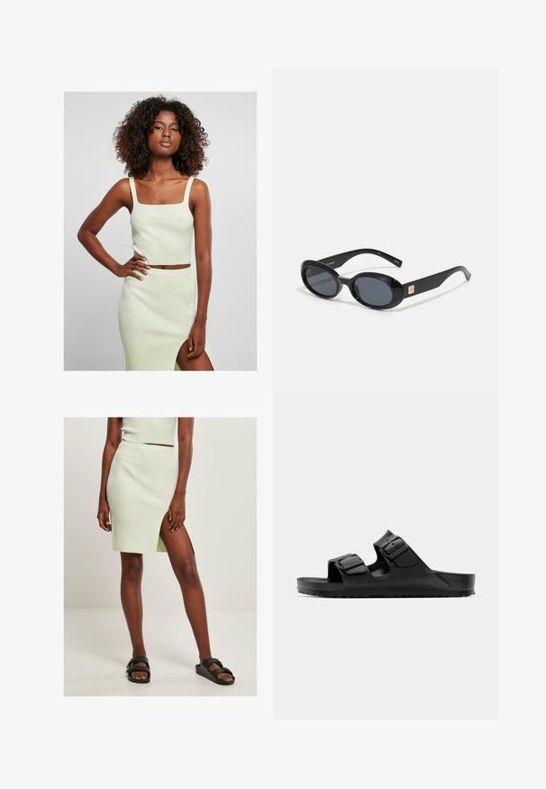 Top corto a coste verde chiaro con scollatura quadrata e spalline spesse, abbinato a una gonna lunga fino al ginocchio coordinata, dotata di uno spacco laterale.; Gonna a coste verde chiaro con uno spacco fino alla coscia, abbinata a sandali neri. Design semplice e aderente che mette in risalto la texture e il colore.; Sandali in gomma nera con due cinturini regolabili, soletta testurizzata e suola spessa con battistrada, caratterizzati da un design minimale.; Occhiali da sole ovali neri con lenti scure, montatura in plastica lucida, aste larghe e un piccolo accent in oro su un lato.