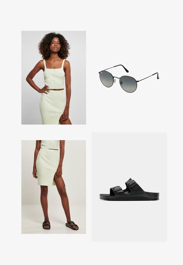 Gaiši zaļš ribots īsais tops ar kvadrātveida dekoltē un platām siksnām, savienots ar atbilstošu ceļa garuma svārku ar sānu šķēlumu.; Gaiši zaļa ribota adīta svārku ar izdilušo kāju augšdaļu, kombinēta ar melnām slidu sandalēm. Vienkāršs, pieguļošs dizains izceļ tekstūru un krāsu.; Melni gumijas čības ar divām regulējamām siksnām, teksturētu zoli un biezām reljefām zolēm, piedāvājot minimālistisku dizainu.; Melnās metāla saulesbrilles ar apaļām pakāpeniskām lēcām, kurām ir plānas kājiņas un caurspīdīgas deguna spilventiņi, nodrošinot ērtu valkāšanu.