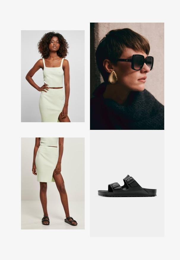 Lichtgroene geribbelde crop top met vierkante halslijn en brede straps, gecombineerd met een bijpassende rok tot de knie met een zijsplit.; Lichtgroene geribde gebreide rok met een hoge split tot de bovenbeen, gecombineerd met zwarte sliders. Eenvoudig, aansluitend ontwerp benadrukt de textuur en kleur.; Zwarte rubberen sandalen met twee verstelbare banden, een gestructureerde voetbed en een dikke, geribbelde zool, met een minimalistisch ontwerp.; Zwarte oversized zonnebril met donkere lenzen en gouden hardware, gecombineerd met een grote, glanzende gouden druppeloorbel. Donker gestructureerde sjaal.