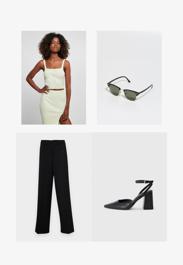 Light green ribbed crop top with square neckline and thick straps, paired with a matching knee-length skirt featuring a side slit.; Black wide-leg trousers made of smooth fabric, featuring a classic waistband with a button closure and front pleats.; Black leather pointy-toe pump with an ankle strap and a chunky heel. Flat texture, sleek design, and minimalistic aesthetics.; Black and gold sunglasses with green lenses, featuring a cat-eye shape, metallic accents, and a textured frame.