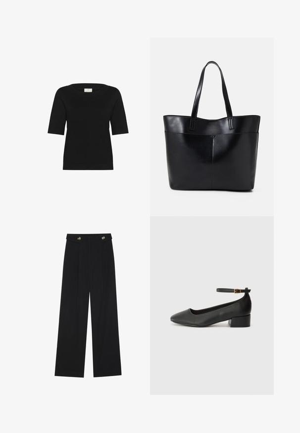 Črna kratka majica z rokavi iz pletenine ima širok čolnasti izrez, rebrasto teksturo in ravno rob. Narejena je iz mehkega, zračnega materiala.; Črne široke hlače s visokim pasom, gumbnimi detajli na pasu in sprednjimi gubami.; Črne usnjene pumpice z nazobčanimi prsti in nizko blokasto peto. Imajo trak okoli gležnja z zaponko v zlatem tonu. Gladka tekstura.; Črna usnjena torba z dvema dolgima ročajema, gladko teksturo in strukturirano obliko. Ima sprednji žep za dodatno shranjevanje.