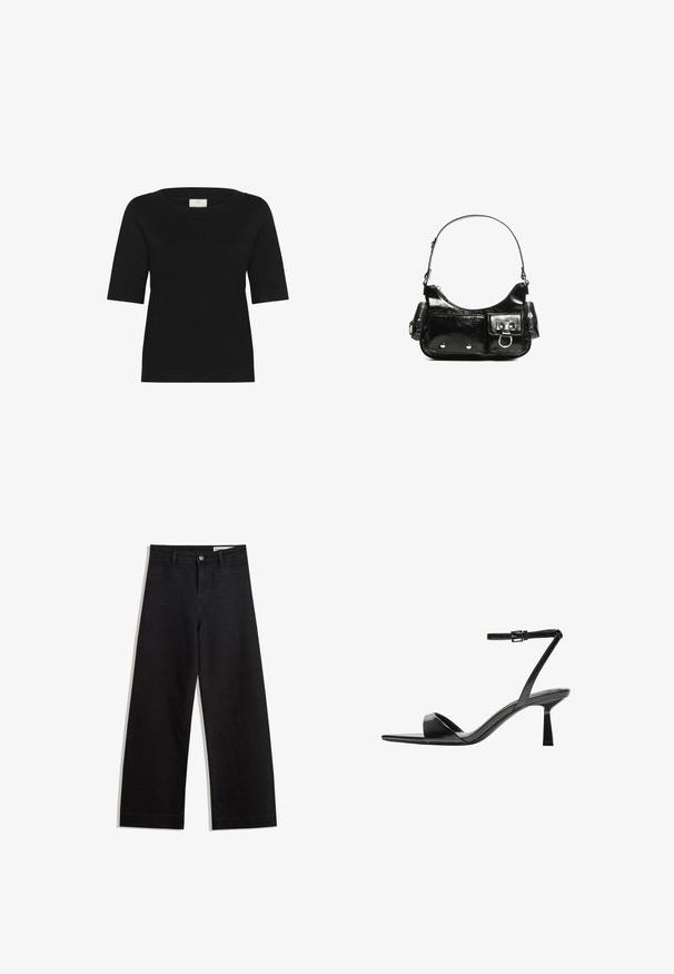 Black short-sleeve knit top features a wide boat neck, ribbed texture, and a straight hem. Made from soft, breathable fabric.; Black wide-leg denim pants with a high waist, featuring front and back pockets, stitched seams, and a button closure. Smooth texture.; Bershka High heeled sandals - black; Black patent leather handbag with a curved shape, one shoulder strap, front pockets, and silver-tone hardware accents.