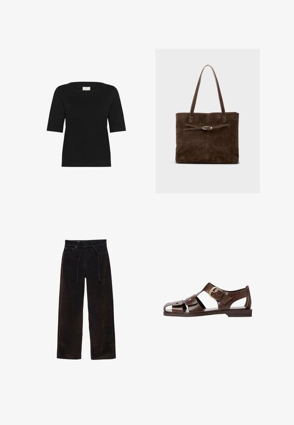 Black short-sleeve knit top features a wide boat neck, ribbed texture, and a straight hem. Made from soft, breathable fabric.; Black wide-leg trousers made of soft fabric, featuring a drawstring waistband and minimalistic design with no visible patterns or accents.; Brown leather sandal featuring a cutout design, adjustable side buckle, and flat sole, with metal accents and an open toe.; Brown suede tote bag with long handles, featuring a flat body and a decorative strap with a silver-tone hardware accent.