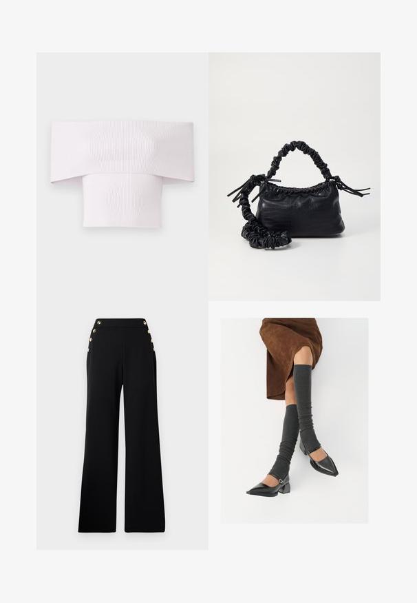 Top s off-shoulder krojem od pamučne rebraste tkanine u svijetlo ružičastoj boji s širokim izrezom i prilagođenim krojem. Glatka tekstura s vertikalnim rebrastim detaljem.; Crne hlače s visokim strukom, širokih nogavica, s zlatnim gumbima duž prednje strane i džepovima na oba bokova, na bijeloj pozadini.; Crne lakirane cipele s šiljastim prstima, blok-petom i remenom oko gležnja, uparene s sivim rebrastim čarapama do koljena i smešnom suknjom od antilopa.; Crna torba od umjetne kože s teksturom krokodila, s cinčanim vrhom i naboranom trakom. Izgleda mekano i kompaktno u dizajnu.