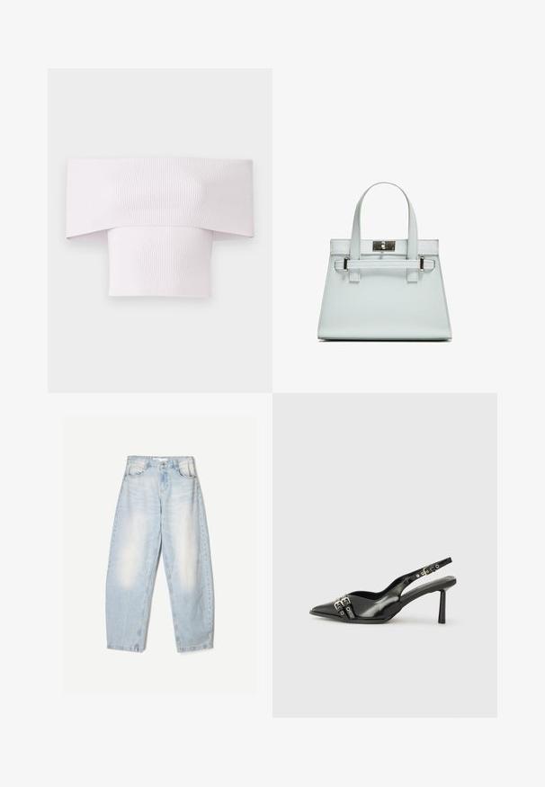 Off-the-shoulder ribbed top in light pink with a wide neckline and fitted body. Smooth texture with vertical ribbing detail.; Light blue denim jeans with a loose fit, featuring a faded finish, two front pockets, and a button closure at the waistband.; Black patent leather slingback shoe with pointed toe, ankle straps featuring silver buckles and hardware, and a slender heel.; Light blue handbag with structured design, two handles, and a silver-toned hardware clasp. Textured material and sharp corners.