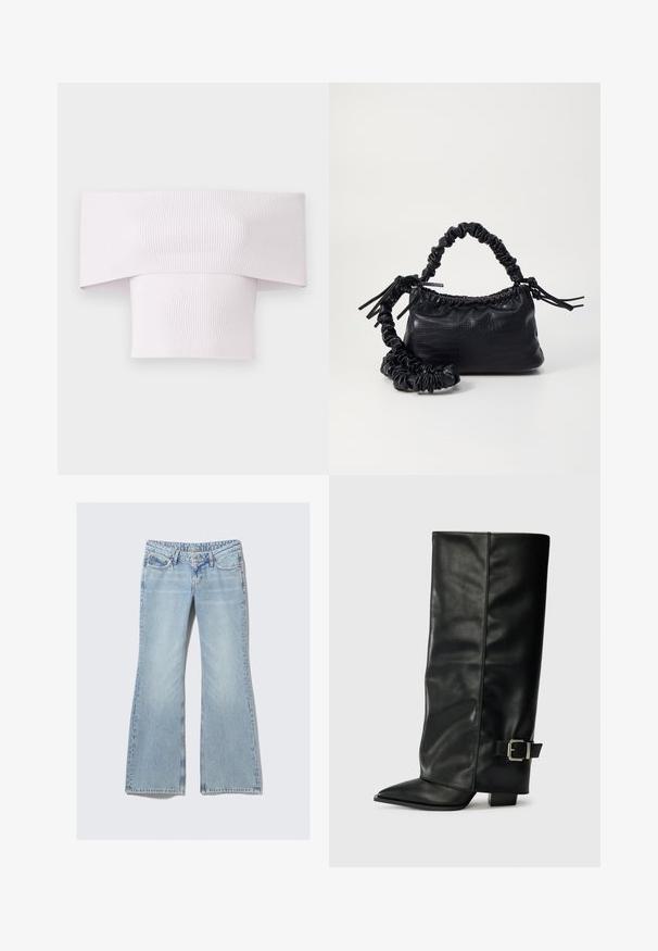 Gaismas rozā off-the-shoulder ribota blūze ar platu kakla izgriezumu un pieguļošu siluetu. Gluda tekstūra ar vertikālām ribām.; Weekday NOVA - Pieguloša piegriezuma džinsi - lip blue; Melni ādas potītes zābaki ar asu purngalu, gludu virsmu un sudraba sprādzi uz sāniem. Masīvs kvadrātveida papēdis.; Melnā mākslīgās ādas rokassoma ar krokodila rakstu, savilkta augšdaļa un saburzīta siksna. Izskatās mīksta un kompakta pēc dizaina.