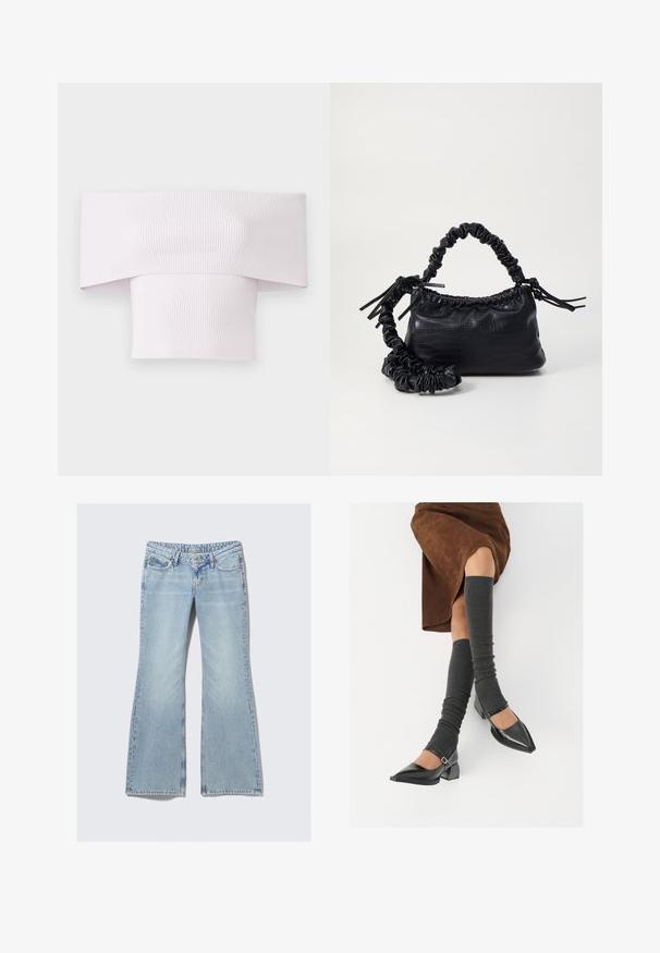 Off-the-shoulder ribbed top in light pink with a wide neckline and fitted body. Smooth texture with vertical ribbing detail.; Weekday NOVA - Slim fit jeans - lip blue; Black patent leather pointed-toe shoes with a block heel and ankle strap, paired with gray ribbed leg warmers and a brown suede skirt.; Black faux leather handbag with a crocodile texture, cinched top, and a scrunched strap. Appears soft and compact in design.