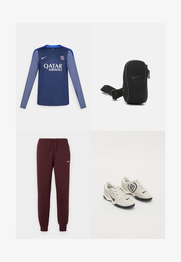 Tamsiai mėlyna ilgų rankovių marškinėliai su mėlynais akcentais, Nike logotipas ant krūtinės ir baltais rašmenimis užrašas 'QATAR AIRWAYS'. Lygus audinys, sportiškas kirpimas.; Bordo sportiniai džinsai su elastine juosta ir raišteliu. Savybės: Riebūs rankogaliai ir mažas baltas Nike logotipas ant kairio šlaunies. Sklandus paviršius.; Nike kedai su bėgiu su smėline ir pilka tekstūruota viršutine dalimi, juodais akcentais, dideliu "90" logotipu ir balta raištelių užsegimu. Juodas padas.; Juodas Nike maišelis su užtrauktuku, tekstūruota medžiaga, rudi akcentai ir nuimamas diržas. Priekyje matomas ryškus Nike logotipas.