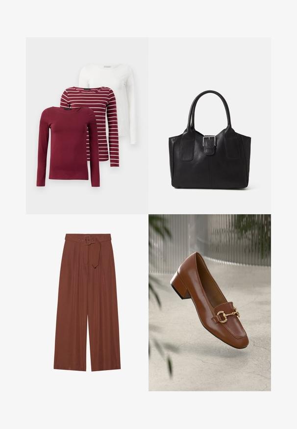 Trys ilgomis rankovėmis marškiniai: vieni vienspalvės bordo spalvos, kiti bordo su baltais dryžiais, ir vieni vienspalviai balti. Visi pagaminti iš minkštos, elastingos medžiagos.; Plačios kelnių kelnės rudos spalvos audinyje, su diržu su kvadratiniu sagtimi, klostuotų dizainu ir lygiu paviršiumi.; Rudi lakinės odos loafer'iai su kvadrato formos nosimi, metalinėmis grandinėlių detalėmis ir žemu blokiniu kulnu; sklandus tekstūra, minimalistinis dizainas.; Juodas odinis nešiojamas krepšys su lygiu paviršiumi, struktūrine forma, dviem rankenėlėmis ir ryškiu sidabriniu sagties akcentu priekyje.