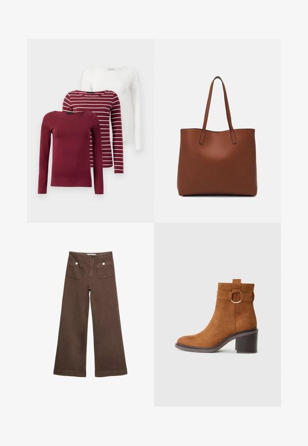 Tričko s dlhým rukávom: jedno jednofarbné bordové, jedno bordové s bielymi pruhmi a jedno jednofarbné biele. Všetky sú vyrobené z mäkkého, elastického materiálu.; Hnedé široké nohavice vyrobené z bavlny, s dvoma prednými vreckami so striebornými gombíkmi a hladkou textúrou.; Hnedé semišové členkové topánky s okrúhlym špičkou, blokovým podpätkom a dekoratívnym pásikom s detailom v tvare kruhového pracky.; Hnedá kožená taška na rameno s hladkou textúrou, otvoreným vrchom a dvoma ramenými popruhmi. Má minimálne šitia a žiadne viditeľné kovania.