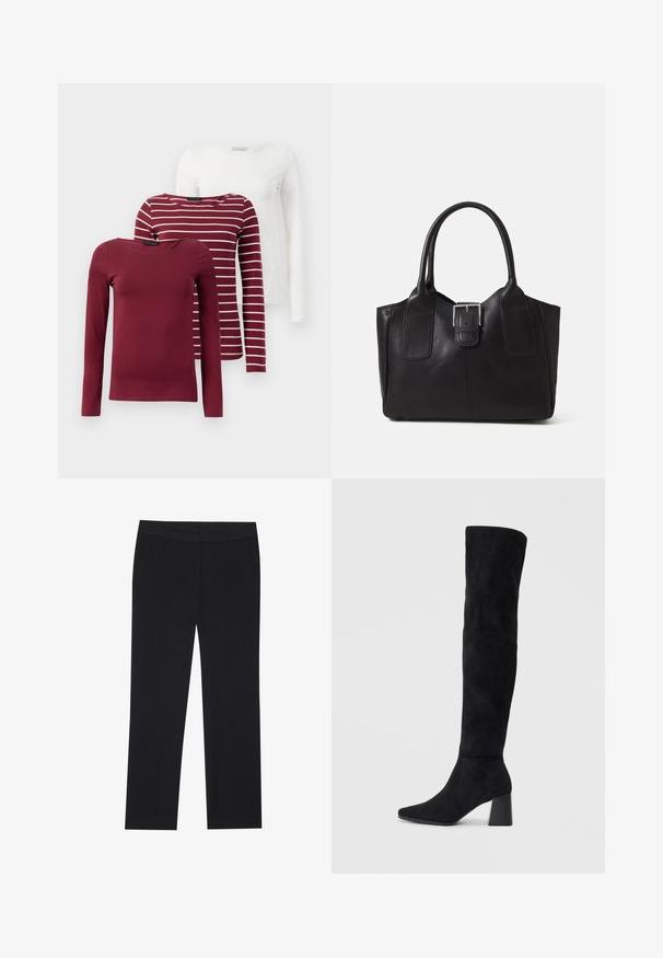 Drie longsleeve t-shirts: één effen bordeauxrood, één bordeauxrood met witte strepen, en één effen wit. Ze zijn allemaal gemaakt van zachte, rekbare stof.; Zwarte broek met een recht gesneden ontwerp, voorzien van zijzakken en een gladde stoftextuur. Minimaal detail, schoon tailleband.; Zwarte suède kniehoge laars met blokhak, spitse neus en een glad, naadloos ontwerp op een effen lichte achtergrond.; Zwarte leren tote bag met een gladde textuur, gestructureerde vorm, twee handvatten en een opvallend zilveren sluitingdetail aan de voorkant.