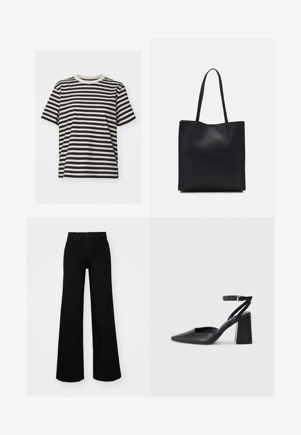 Stripet t-skjorte laget av mykt stoff, med horisontale svarte og kremfargede striper, rund hals, korte ermer og en avslappet passform.; Svart vide bukser laget av denim, med en strukturert midjebånd, beltestropper og frontlommer. Glatt tekstur med et klassisk design.; Svart lær pumps med spiss tå, ankelrem og kraftig hæl. Flat tekstur, strømlinjeformet design og minimalisme.; Svart lær tote bag med glatt tekstur, rektangulær form og to lange håndtak. Ingen synlige deler eller dekorasjoner.