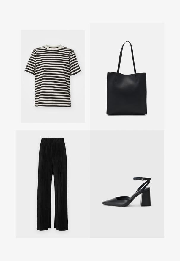 T-shirt rayé en tissu doux, avec des rayures horizontales noires et crème, col ras du cou, manches courtes et coupe décontractée.; Pantalons plissés noirs avec une taille élastique. Présente des jambes larges et un tissu lisse texturé avec des rayures verticales.; Escarpin noir en cuir à bout pointu avec une bride de cheville et un talon épais. Texture lisse, design élégant et esthétique minimaliste.; Sac fourre-tout en cuir noir avec une texture lisse, de forme rectangulaire et deux longues poignées. Pas de matériel ou d'ornementations visibles.