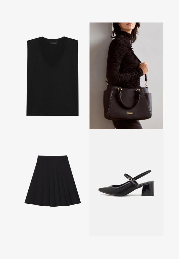 Fekete, V-nyakú, ujjatlan felső puha anyagból. Simaságával, letisztult vonalaival és egyszerű mintázatával, amelyek között nincsenek látható minták vagy díszítések.; Fekete, pliszírozott szoknya texturált anyagból, szűk derékpánttal. Térd alá ér, sima, letisztult vonalvezetéssel.; Fekete lakk bőr, pántos magassarkú cipő, hegyes orral, lekerekített kivágással és tömbsarkal. Arany színű csat díszíti.; Fekete kézitáska texturált felülettel, dupla felső fogantyúval és állítható vállpánttal. Arany színű fém kiegészítők és oldalsó zsebek találhatók rajta.