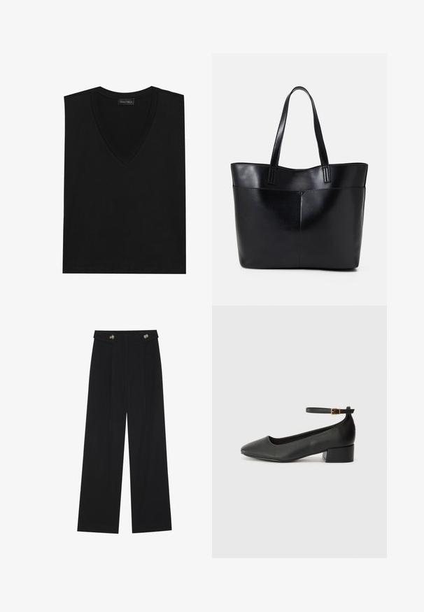 Top preto sem mangas em v, feito de um tecido suave. Apresenta uma textura lisa, linhas limpas e um design simples, sem padrões ou acentos visíveis.; Calças largas pretas com cintura alta, detalhes em botão na cintura e pregas frontais.; Sandal de pele preta com bico pontiagudo e um salto bloco baixo. Apresenta uma tira no tornozelo com uma fivela em tom dourado. Textura suave.; Bolsa tote preta em couro com duas alças longas, textura suave e forma estruturada. Apresenta um bolso frontal para armazenamento adicional.