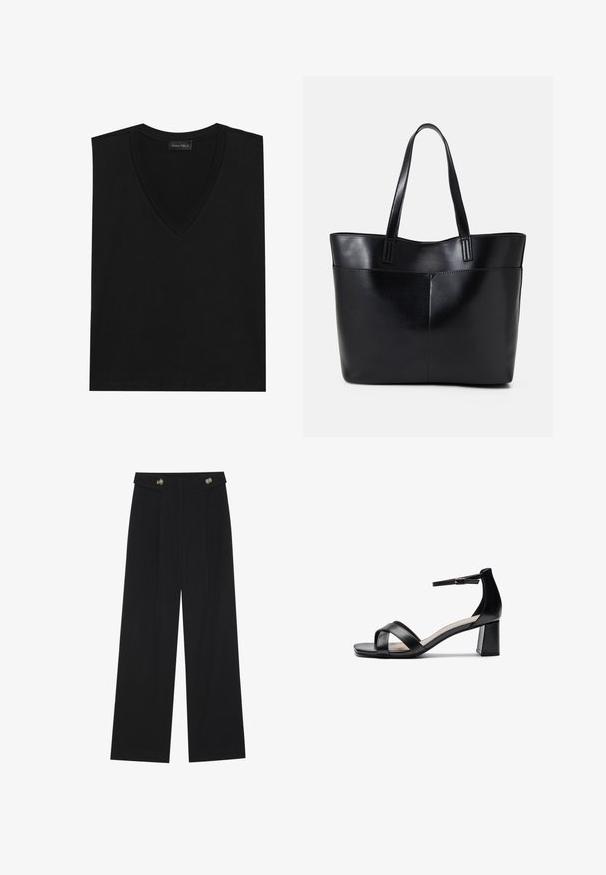 Sort v-hals ærmeløs top lavet af blødt stof. Har en glat tekstur, rene linjer og et enkelt design uden synlige mønstre eller accenter.; Sorte vide bukser med høj talje, knapdetaljer på taljebåndet og frontfald.; Sort åben tå hæl sandal med krydsede remme, justerbar ankelrem og en chunky hæl, der har en glat læderoverflade.; Sort læder tote taske med to lange håndtag, en glat tekstur og en struktureret form. Har en forlommem for ekstra opbevaring.