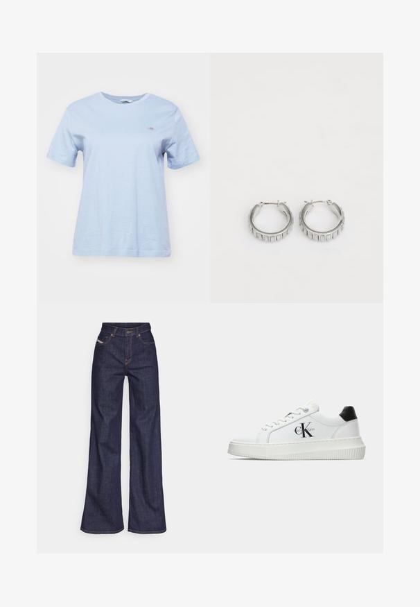 GANT SHIELD - Tricou basic - dove blue; Blugi taille mare, de culoare albastru închis, din material denim, cu croială largă, cu cusături portocalii, design cu cinci buzunare și închidere cu nasture.; Adidași albi cu glezna joasă, cu tab-ul de călcâi negru, talpă platformă, șireturi și logo-ul "CK" de la Calvin Klein pe lateral.; Cercei din argint în formă de cerc cu un design texturat, ce prezintă striții verticale. Formă circulară cu un sistem de închidere sigur. Finisaj neted.