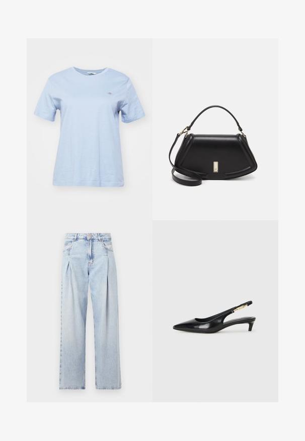 GANT SHIELD - Basic T-shirt - dove blue; Light blue denim jeans with a high waist, wide-leg cut, two side pockets, and pleated design feature. Soft texture with a faded finish.; Black leather slingback heels with a pointed toe, featuring a slim heel and a gold-tone accent on the adjustable strap. Smooth texture.; Black leather handbag with a structured design, featuring a cropped shape, top handle, and gold hardware accent. Adjustable shoulder strap included.