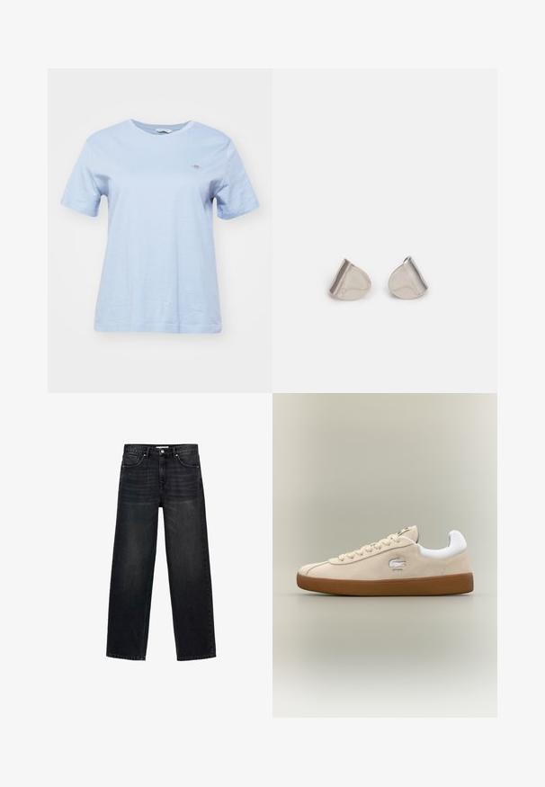 GANT SHIELD - T-paita - dove blue; Mustat avarat farkut, valmistettu denimistä. Ominaisuuksiin kuuluu viisi taskua, vetoketjukiinnitys nappikiinnityksellä ja hienovarainen kuluminen edessä.; Beige nahka-tossut valkoisilla yksityiskohdilla ja kumipohjalla. Sivussa on kohotettu logo ja erottuvat beige-nauhat. Klassinen muotoilu.; Hopea metalliset korvakorut, joissa on sileä, pisaramainen muoto ja kiillotettu pinta. Huomaamattomat kaiverrukset lisäävät yksityiskohtia. Minimalistinen muotoilu.