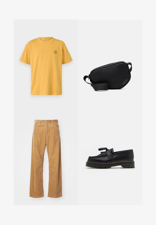 Koszulka z krótkim rękawem, okrągłym dekoltem w kolorze musztardowym. Posiada małą kwadratową naszywkę z logo po lewej stronie klatki piersiowej. Miękka, bawełniana faktura.; Spodnie z szerokimi nogawkami z kordurowego materiału w kolorze tan. Cechują się teksturowanymi, pionowymi prążkami, standardowym pasem i dwiema przednimi kieszeniami.; Czarny skórzany mokasyn z frędzelkowymi akcentami, z masywną czarną podeszwą i żółtym przeszyciem wzdłuż krawędzi. Teksturowane wykończenie.; Czarna, zamykana na zamek torebka na ramię, wykonana z gładkiego materiału, o płaskim kształcie, z jedną regulowaną rączką i małym logotypem. Minimalistyczny design.
