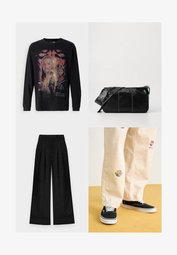 Schwarzes langärmliges T-Shirt mit einem bunten Grafikdruck aus "Star Wars: Episode I - Die dunkle Bedrohung", der verschiedene Charaktere und Details zeigt.; Schwarz karierte weite Hosen mit Falten, die eine glatte Textur und ein klassisches Design bieten. Leichter Stoff für Komfort.; Beige Baumwollhosen mit verspielten, gestickten Motiven, darunter eine pinke Figur und bunte Blöcke, kombiniert mit schwarzen Schnürsneakern.; Schwarze Leder Schultertasche mit Reißverschluss, ausgestattet mit einer strukturierten Oberfläche, weißen Nähten und einem Tragegurt mit silbernen Ösen.
