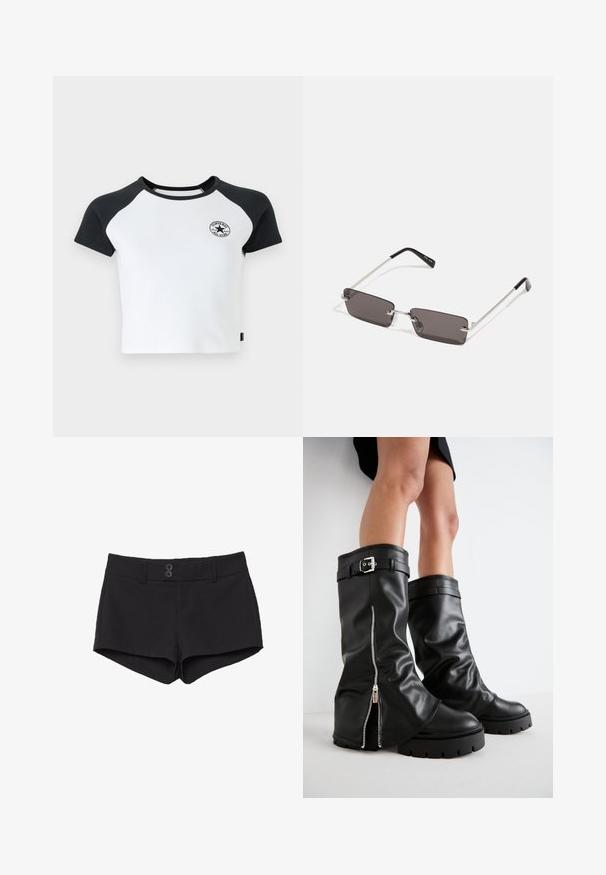 T-shirt à manches courtes en blanc avec des manches noires, doté d'un col rond et d'un logo circulaire sur la poitrine. Fabriqué en tissu cotton.; Shorts noirs en tissu à la texture lisse. Dotés d'une taille élastique, de deux poches avant et de deux boutons noirs à l'avant.; Bottes en cuir noir montantes avec une tige large, dotées d'une fermeture éclair sur le côté et d'un accent de boucle, finition texturée et semelle en caoutchouc épaisse.; Lunettes de soleil avec des verres rectangulaires gris foncé, des montures en métal argenté et des embouts en plastique noir sur les branches. Conception légère avec des plaquettes de nez.; Sac à main en cuir noir de forme rectangulaire, avec une fermeture plate et une seule bandoulière. Présente une texture lisse et des accents matériels minimaux.