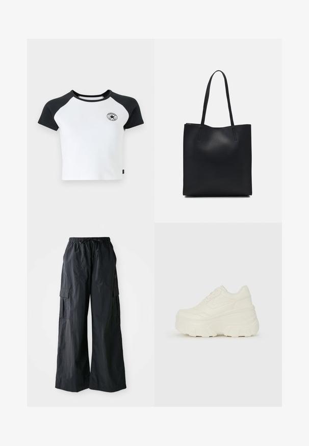 Majica s kratkim rukavima u bijeloj boji s crnim rukavima, s okruglim izrezom i kružnim logom na prsima. Izrađena od pamučne tkanine.; Crne cargo hlače od lagane tkanine, s dizajnom širokih nogavica, elastičnim pojasom i nekoliko bočnih džepova. Jednostavne i funkcionalne.; Bijele platformske tenisice s glatkim gornjim dijelom koji nalikuje koži, zaobljenim oblikom, podstavljenim okvirom i teksturiranim gumeni potplat s definiranom profilacijom.; Crna kožna torba za nošenje s glatkom teksturom, pravokutnim oblikom i dvije duge ručke. Nema vidljivih metalnih dijelova ili ukrasa.