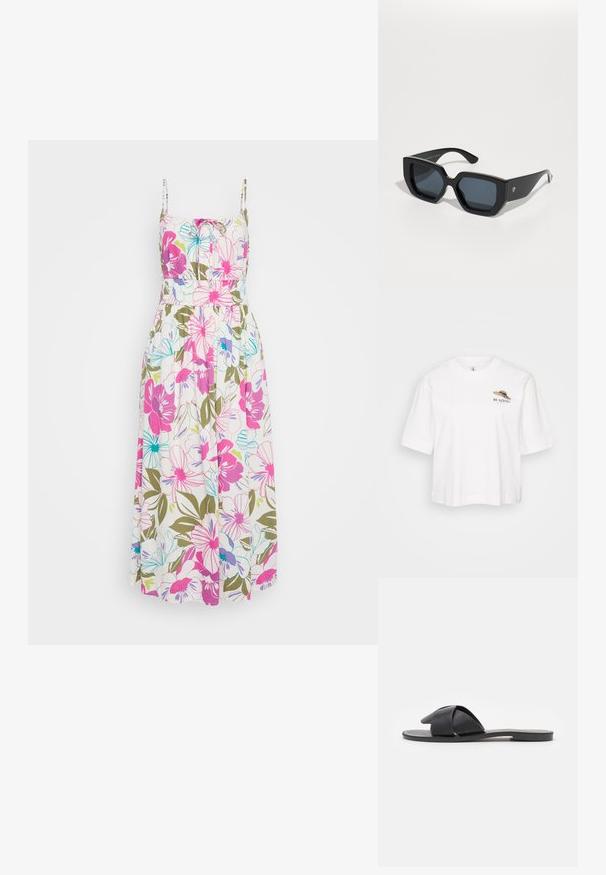 Witte katoenen t-shirt met een relaxte pasvorm, voorzien van korte mouwen en een geborduurd ontwerp van een strohoed met de tekst "BLAZING."; Florale maxi-jurk met dunne bandjes, versierd met felle roze, blauwe en groene bloemen op een witte achtergrond, met een geraffineerde taille en luchtige stof.; Zwarte instapsandalen met gekruiste banden. Gemaakt van soepel leer met een platte zool en minimale stiksels. Eenvoudig ontwerp met open teen.; Zwarte oversized zonnebril met een geometrisch ontwerp, rechthoekige lenzen en een glanzende afwerking. Geen zichtbare branding aan de voorkant.; Geel geweven clutch portemonnee met een flapontwerp, een afneembare polsband en een gouden kettingaccent. Gladde textuur en rechthoekige vorm.; Gouden hoepel oorbellen met een gladde, ronde vorm. Voorzien van een kleine scharnierluiting, lichte uitstraling en een gepolijste afwerking.