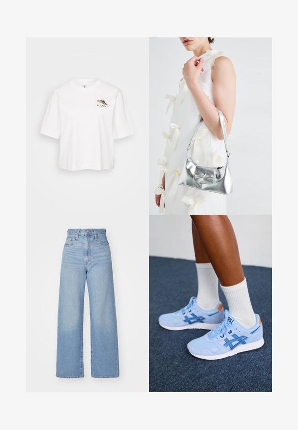 Tricou alb din bumbac, cu o croială relaxată, având mâneci scurte și un design brodat al unei pălării din paie cu textul "BLAZING."; Jeans cu talie înaltă, de culoare albastru deschis, cu croială largă, dotate cu nasture și fermoar la față, buzunare în față și spate, pe un fundal alb.; Picioare purtând teniși Asics de culoare albastru deschis cu tălpi albe și șosete albe, stând pe un covor întunecat.; Geantă metalică argintie cu o formă structurată, având un mâner superior și un detaliu sub formă de fundă pe față. Textură netedă, finisaj reflexiv.